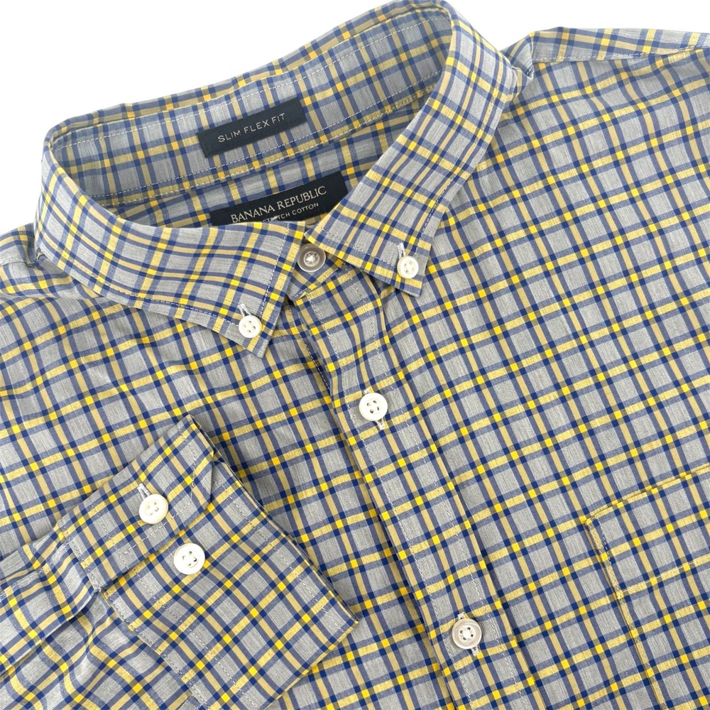 Banana Republic Mens Slim Flex Fit Tech Stretch Plaid Shirt Grey Blue Yellow L